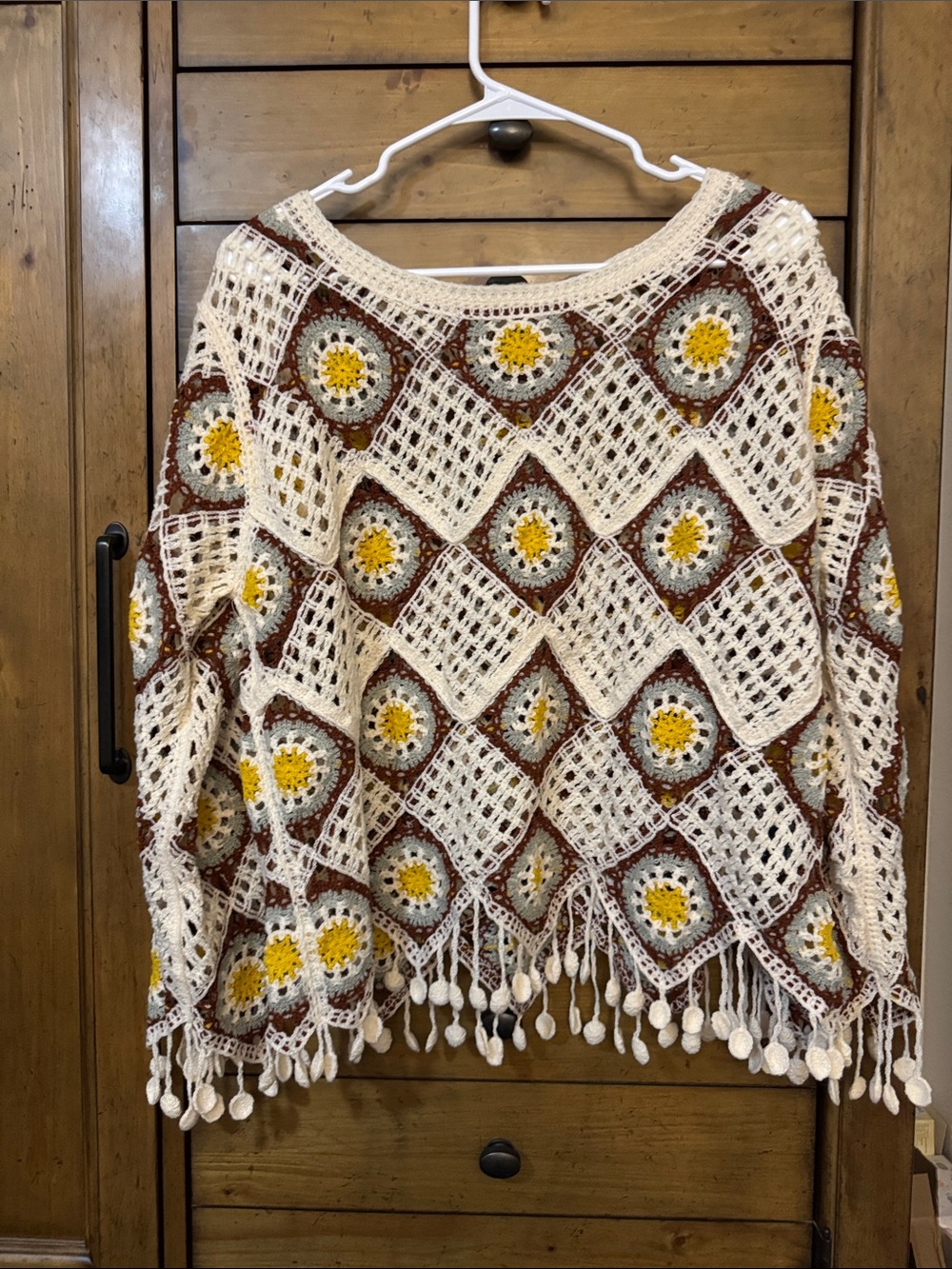 POL Crochet Diamond Pullover with Yellow & Brown Accents